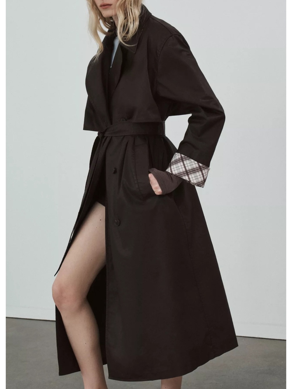 New Zara Long Trench Coat Jacket Outerwear Winter Fall Plaid Dark Brown XS